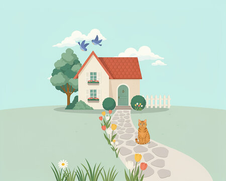 Cute cartoon house with flowers and birds in a garden