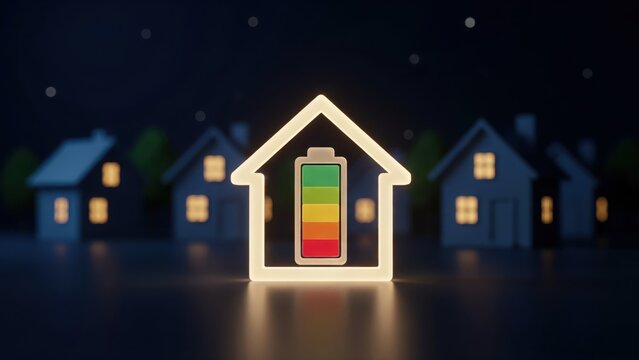 A glowing house icon with a colorful battery standing before neighborhood homes at night. Renewable energy concept for smart home presentations.