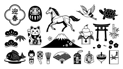 Fototapeta premium Japanese Oshogatsu New Year Horse Fuji Daruma and Cultural Symbol Black White Vector Set