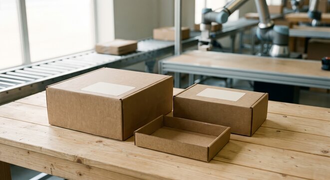 Cardboard Boxes on Wooden Table in Packaging Facility
