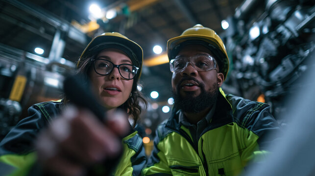Industrial Engineers Collaborating on Machinery Inspection in Factory
