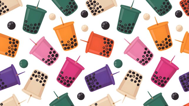 Vibrant bubble tea pattern featuring colorful plastic cups with black tapioca pearls on white background