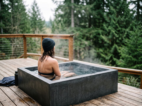 Woman relaxing in outdoor concrete hot tub on wooden deck amidst lush green forest scenery