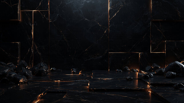 Luxury Black Marble Stage with Glowing Gold Edges