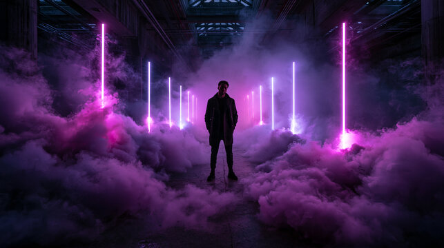 Silhouette of Man Standing in Fog with Neon Lights