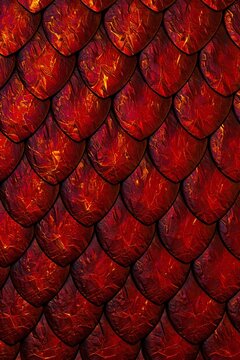 Closeup of vibrant red dragon scales texture, detailed fantasy reptile skin pattern with metallic sheen and intricate overlapping scales for background or design