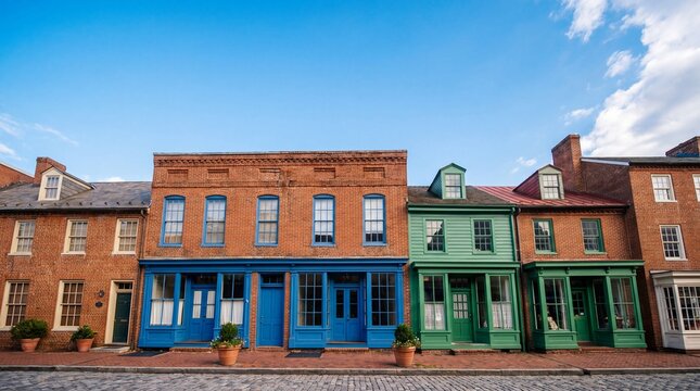 Historic Brick Storefronts and Shops on Cobblestone Street
