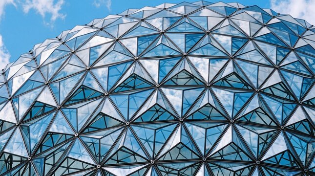 Geodesic Dome Architecture with Triangular Glass Facade Under Sky