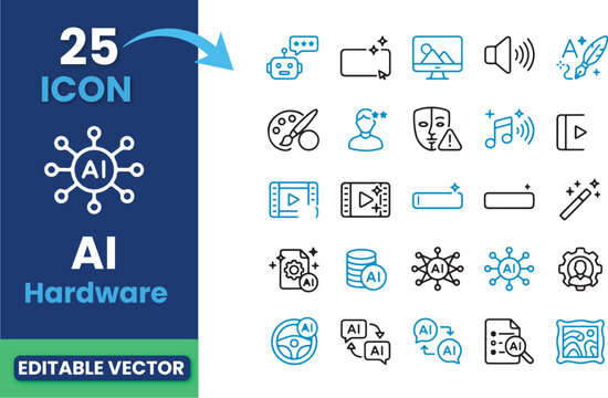 Art & Illustration Monochrome line art vector icon set for generative AI and chatbot technology. Thin outline icons arranged in a 5x5 grid with concepts like AI assistant, prompt, text generation, tex