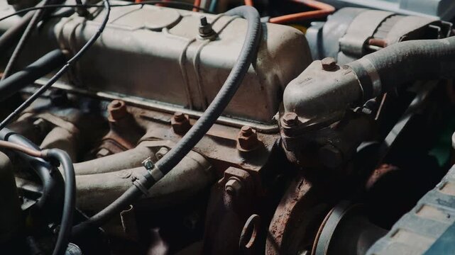 Close-up of a rusty vintage car engine compartment showing aged mechanical components and hoses in an outdoor setting, highlighting wear and texture of an old vehicle.