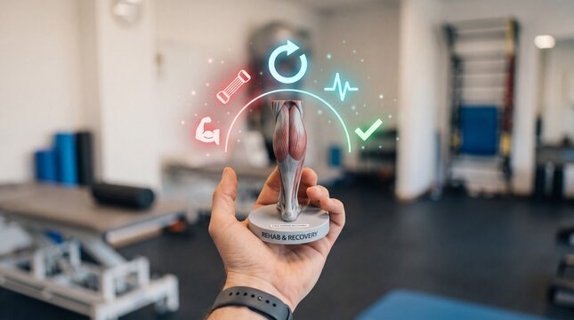 A hand holding a calf muscle anatomical model for physical therapy with medical icons clinic