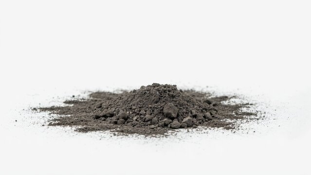 A small pile of dark natural soil isolated on white background. Useful for gardening projects, environmental concepts, and agricultural studies.