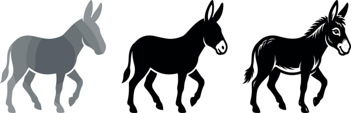 Domestic Donkey and Mule Silhouette Collection with Walking Farm Animal Characters and Detailed Livestock Mascot Icons for Agricultural Branding Vector Designs