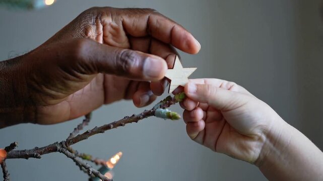Placing adult hand lowering star ornament onto twig branch at home, child steadying string lights
