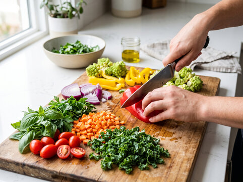 Woman hands cutting bell pepper on wooden cutting board with fresh vegetables like tomatoes, kale, herbs, and onions in kitchen preparing healthy meal.