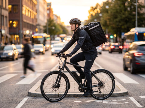 Courier riding electric bicycle with delivery backpack navigating city street traffic during sunset rush hour, urban lifestyle delivery service