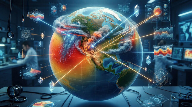 Extreme weather attribution around a stylized Earth, with warming gradients, smoke, rainfall bands, and analytical links between cause and effect.