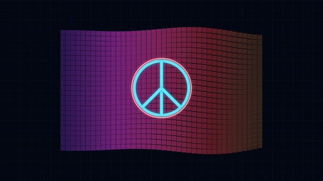 Digital glowing neon peace sign symbol waving on a purple grid flag background illustration