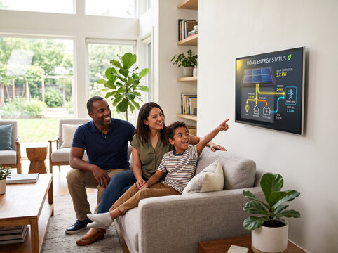 Happy multi-ethnic family sitting on a couch in a modern living room, pointing and looking at a smart home energy management display screen on the wall