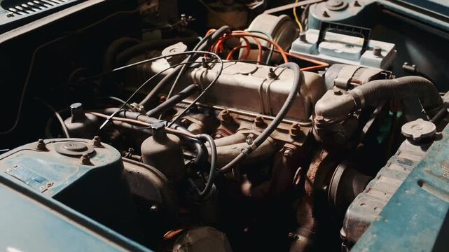 A detailed close-up view of a rusty vintage car engine compartment outdoors, highlighting aged mechanical parts, colored hoses, and a battery in the engine bay of a classic automobile.