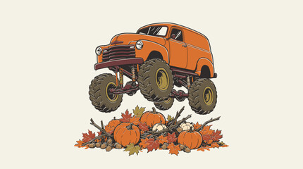 Retro fall monster truck jumping over pumpkins and autumn leaves, vintage vector graphic illustration for t-shirt design and seasonal apparel. © Rizky Fadel