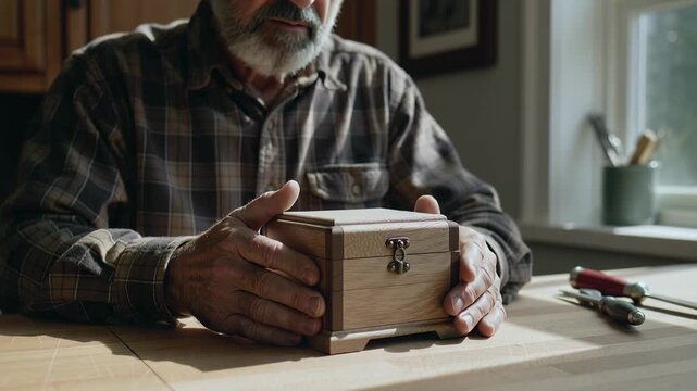 Placing hands on keepsake box, senior man lifting hinged lid at workbench to secure brass latch