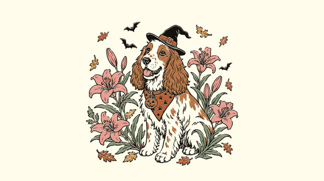 Vintage Halloween Springer spaniel dog wearing witch hat and bandana with lilies and bats, retro vector illustration for apparel and greeting cards.