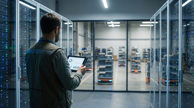 Man Monitoring Automated Robots in Warehouse with Tablet Technology