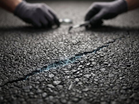 Close-up of cracked asphalt road surface being repaired by worker with tools, infrastructure maintenance and civil engineering concept