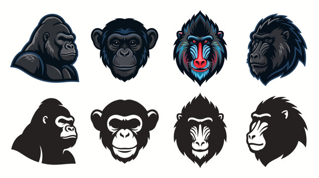 Monkey and Ape Head Mascot Logo Vector Set featuring Gorilla Chimpanzee Baboon and Mandrill