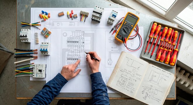 Professional electrician reviewing an electrical wiring diagram with circuit breakers, cables and testing tools on a workbench. Modern electrical installation planning for residential and commercial p