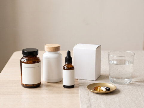 Mockup of supplement bottles, glass dropper, small box, and pills on a plate next to a glass of water on a wooden table with copy space.
