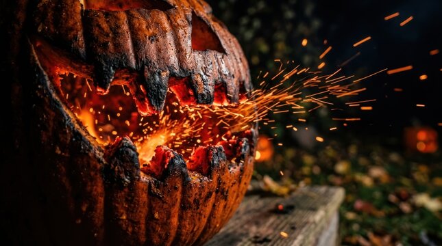 Close up of carved pumpkin spitting fire and sparks.