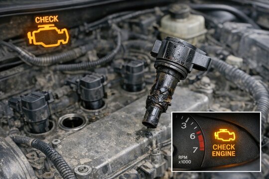 A close-up shot of a car engine with the check engine light on, suitable for use in automotive or technical illustrations