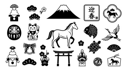 Fototapeta premium Monochrome Japanese New Year Oshogatsu Traditional Symbol and Horse Vector Collection