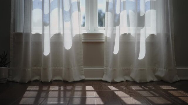 Swaying white sheer curtains moving with cats shifting on windowsill in sunlit room, floor grid
