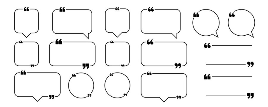 quote speech bubble frame collection with quotation marks and clean outline shapes on white background for testimonial templates, customer reviews, social media and advertising