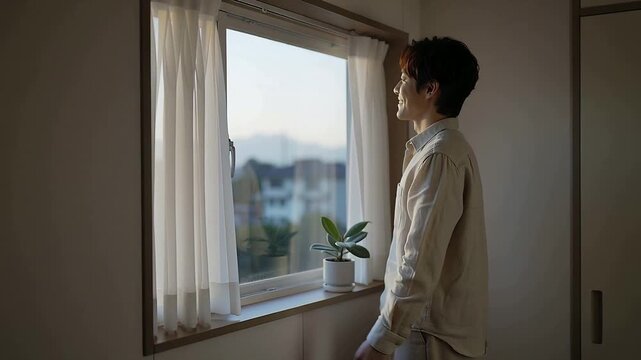 Noticing soft light, beige-shirted man pulling sheers at home window, seeing plant view, copy space