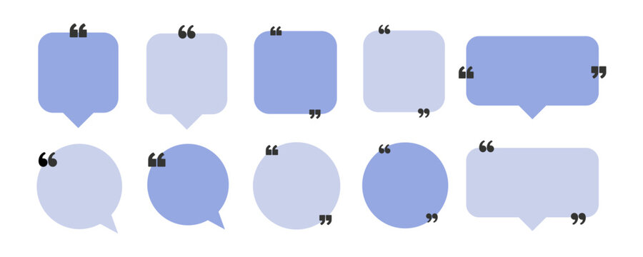 modern blue review and testimonial templates with square round and rectangular quote bubbles for feedback, web ui, advertising, presentation layouts and marketing content
