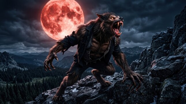 Ferocious werewolf howling under a giant red blood moon.