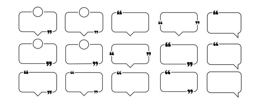 minimal testimonial quote frame collection with black outline speech bubbles, quotation marks and profile placeholders for customer reviews, websites, social media and presentations