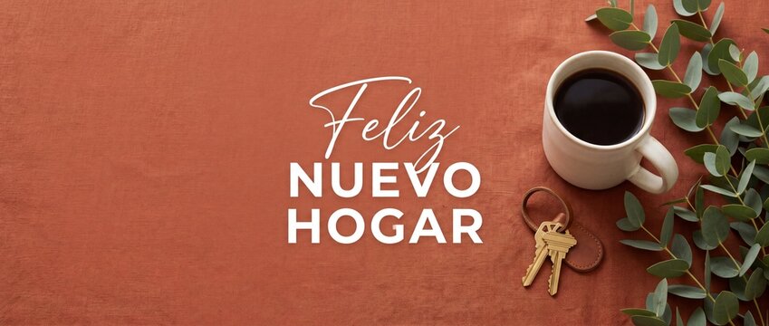 Feliz nuevo hogar house keys coffee cup flat lay on warm terracotta linen background, rustic real estate banner concept for moving into new home with eucalyptus leaves and copy space template.