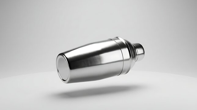 Shiny metal cocktail shaker floating in the air for mixing drinks and making professional beverages. cocktail shaker mockup