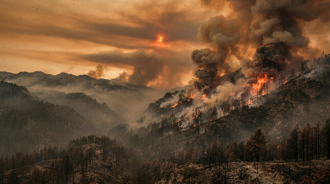 Wildfire smoke plume over pine forest with ash haze, dimmed sun, scorched ground, and particulate pollution spreading across valleys