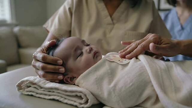 Reaching scrubs nurse placing smile patch for vitals on swaddled-infant on home table holding head