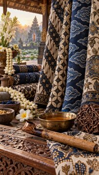 National Batik Day concept featuring traditional Indonesian batik tulis and cap textile, canting tools, and white orchids with a tropical resort ocean view.