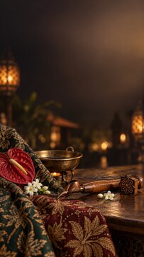 National Batik Day concept featuring traditional Indonesian batik tulis and cap textile, canting tools, and white orchids with a tropical resort ocean view.