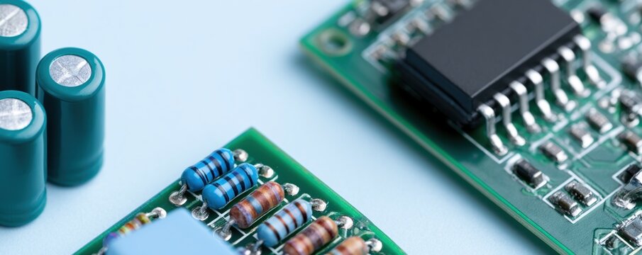 Overhead electronic components and circuit board background with resistors and capacitors for technology banner and industrial design