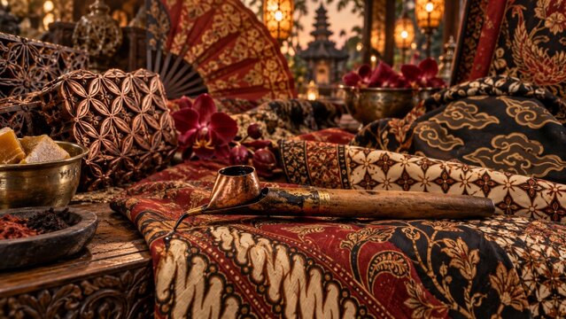 National Batik Day concept featuring traditional Indonesian batik tulis and cap textile, canting tools, and white orchids with a tropical resort ocean view.