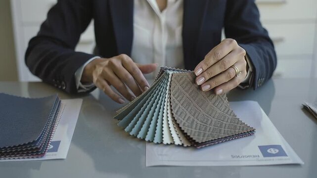 Placing hands near closed swatch stack, woman in blazer fanning fabric samples at table selecting